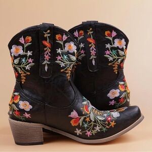 Embroidered Floral Black Ankle Booties